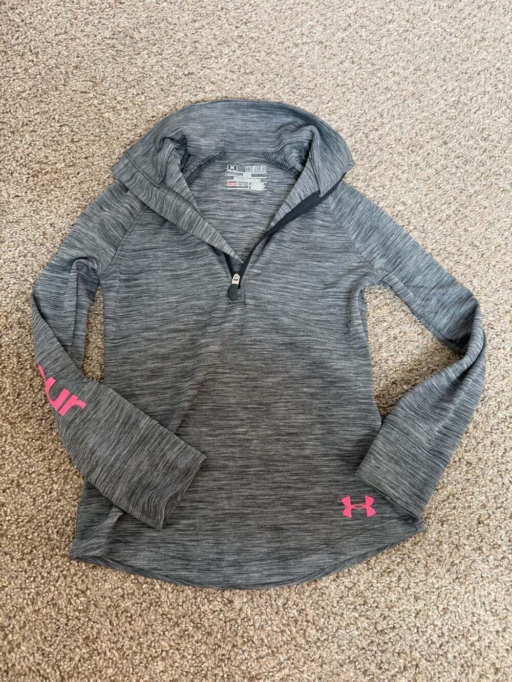 Under Armour Girls HeatGear 1/4 Zip Pullover Grey Space Dye Pink Logo